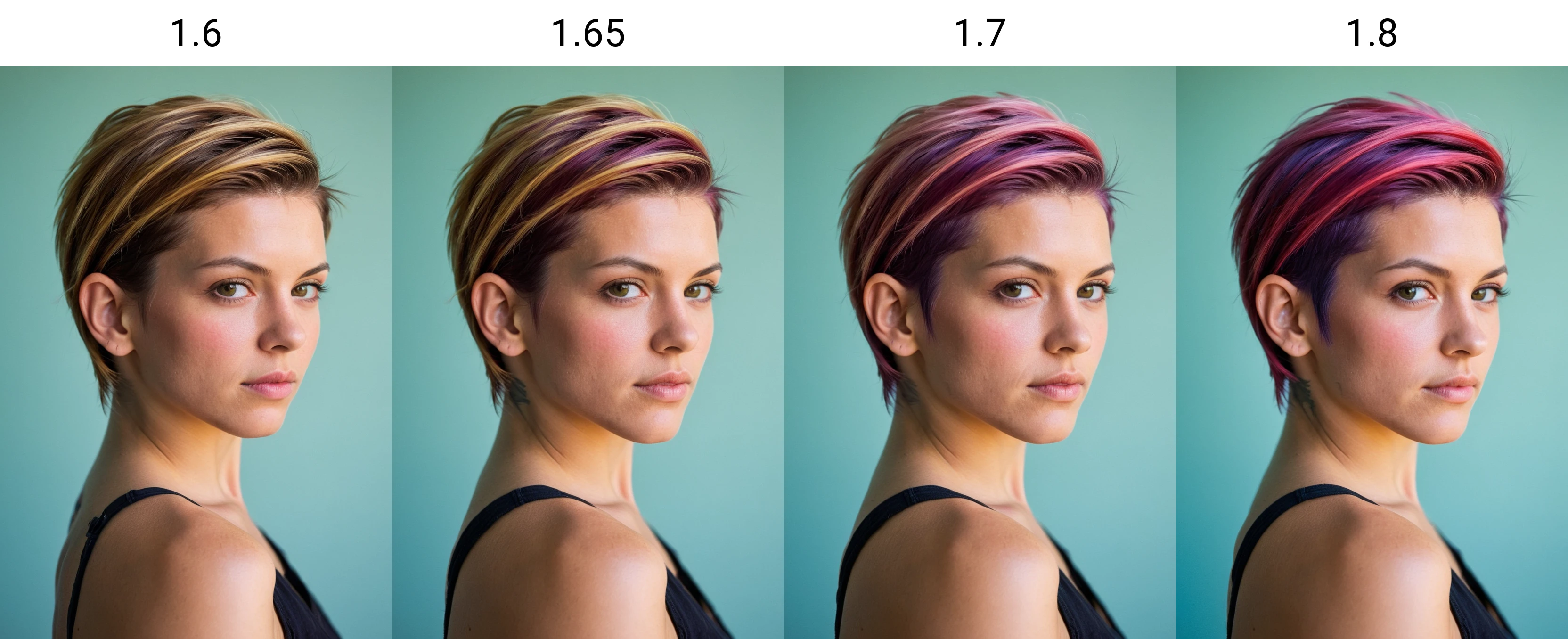 <lora:Colorful Hair Slider_alpha1.0_rank4_noxattn_250steps:1.6>, portrait, woman, sidecut, (((facing viewer))), looking at viewer,