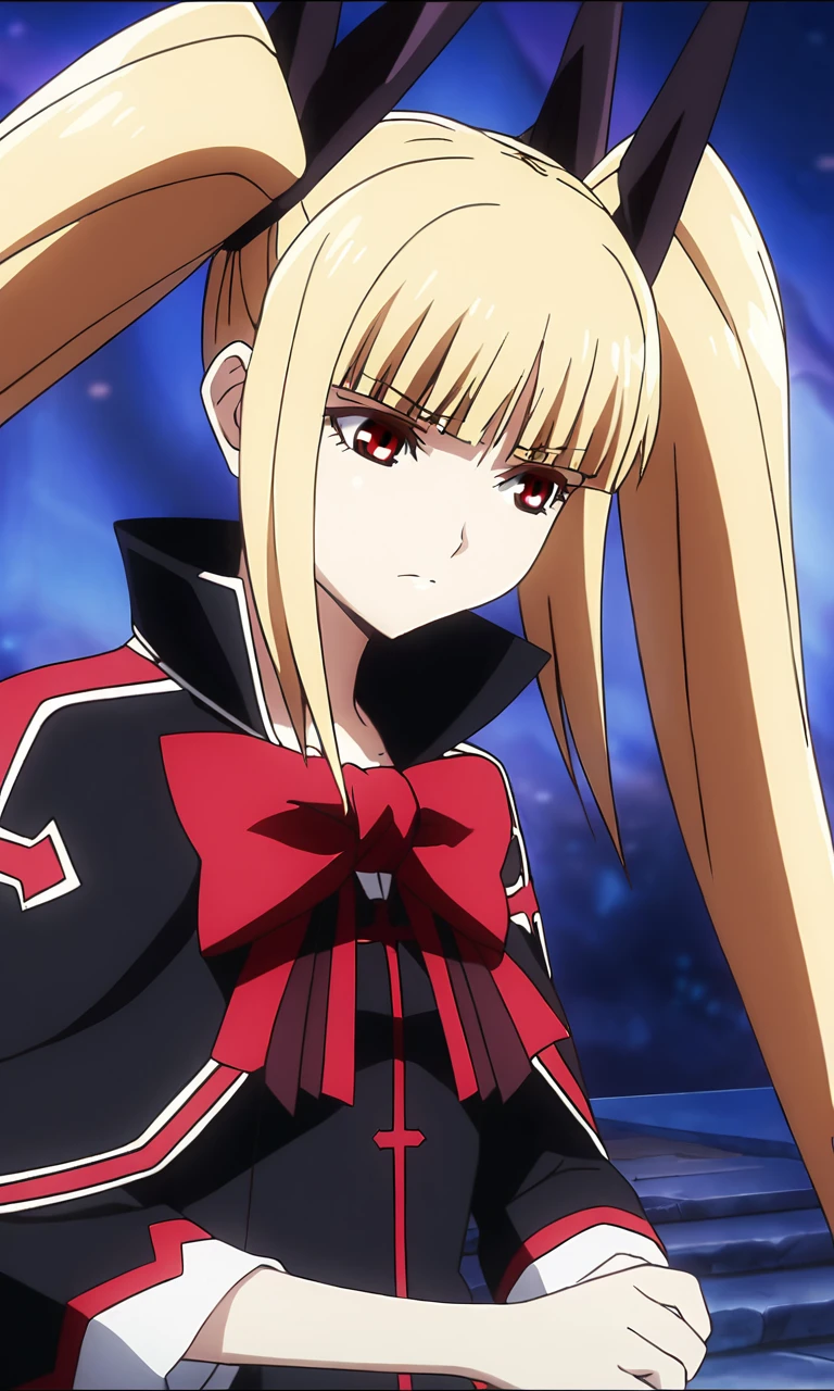 anime artwork illustrating RachelAlucardBB, 1girl, solo, long hair, bangs, blonde hair, red eyes, bow, twintails, black dress. created by japanese anime studio. highly emotional. best quality, high resolution