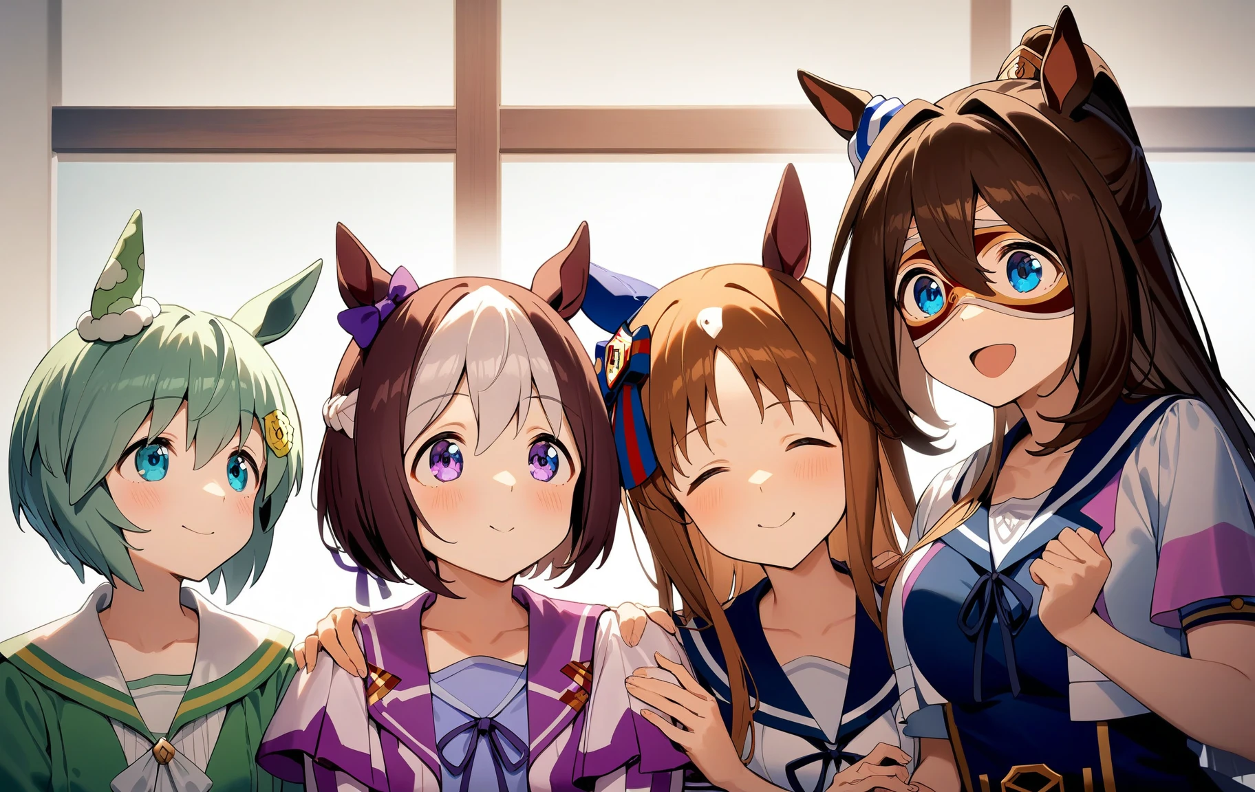 4girls, grass wonder \(umamusume\), special week \(umamusume\), el condor pasa \(umamusume\), seiun sky \(umamusume\), hand on another's shoulder, masterpiece, best quality, very aesthetic, absurdres
<lora:UmaDiffusionXL_UAF-000010:0.7>