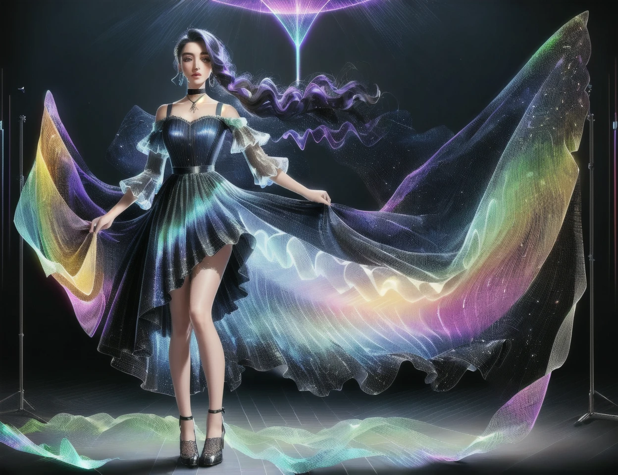 masterpiece, DonMW4v3F0rm5 roomy full body clothing, quantum-tech emissive material, holographic projection print, flutter sleeves, high-low hemline, high waist, a-line skirt, tinted wash,,lace-up back,,slit details,,two-piece set, zipper closure,,choker ,<lora:DonMW4v3F0rm5:1>