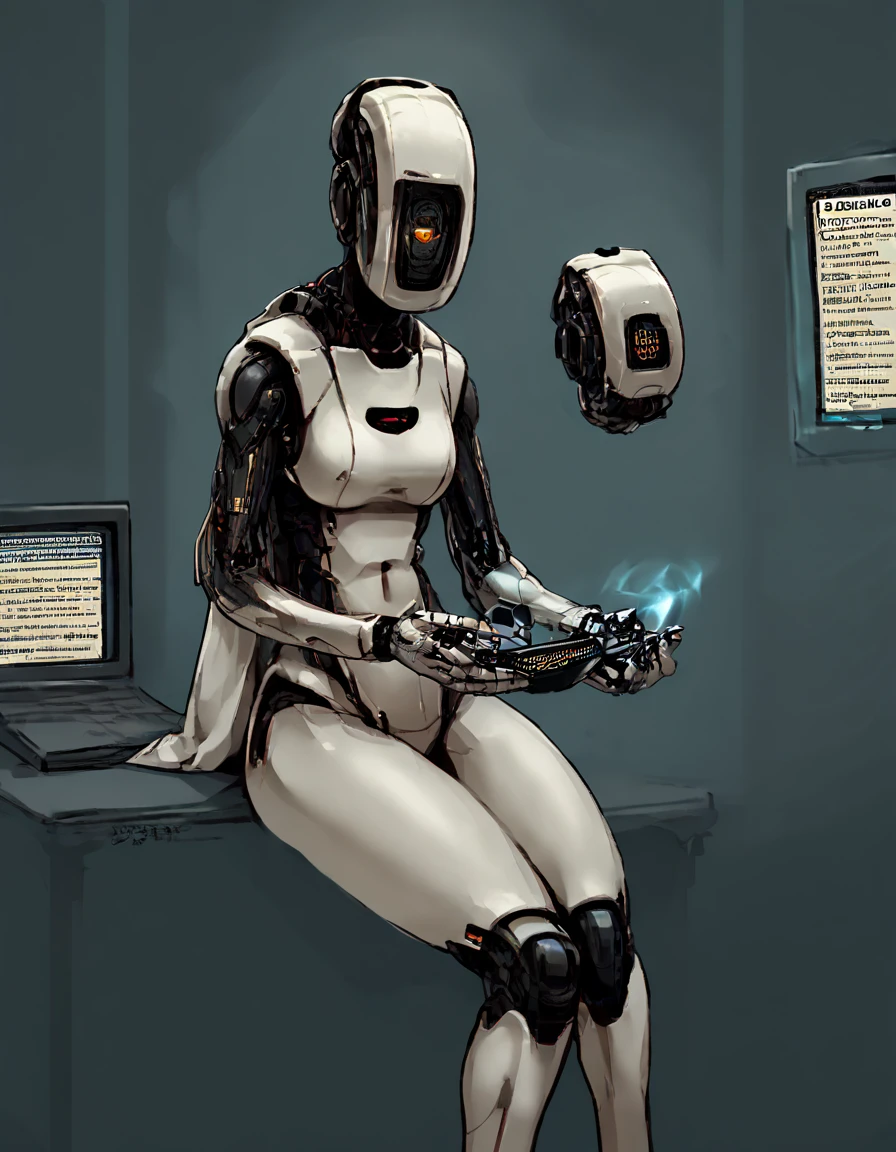 score_9, score_8_up, score_7_up, score_6_up, score_5_up, score_4_up, source_anime, , Glados, standing, mechanical parts, humandoid robot, sitting, typing on computer, holographic display