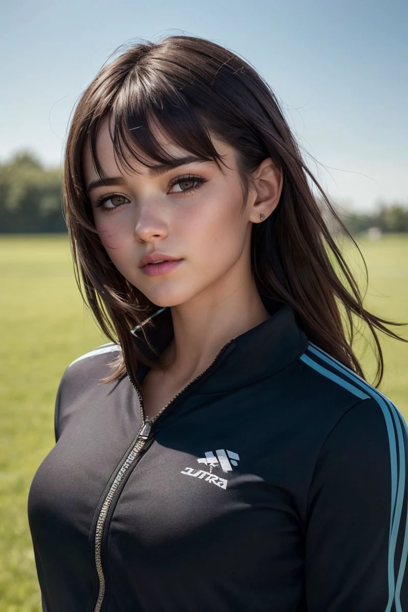 photo of S419_MattyMilaPerez,a gorgeous woman,on a (field:1.1),wearing a (tracksuit:1.1),(bangs),(4k, RAW photo, best quality, 50mm, depth of field, ultra high res:1.1),(intricate, photorealistic, cinematic-shot, masterpiece, ultra-detailed:1.1),