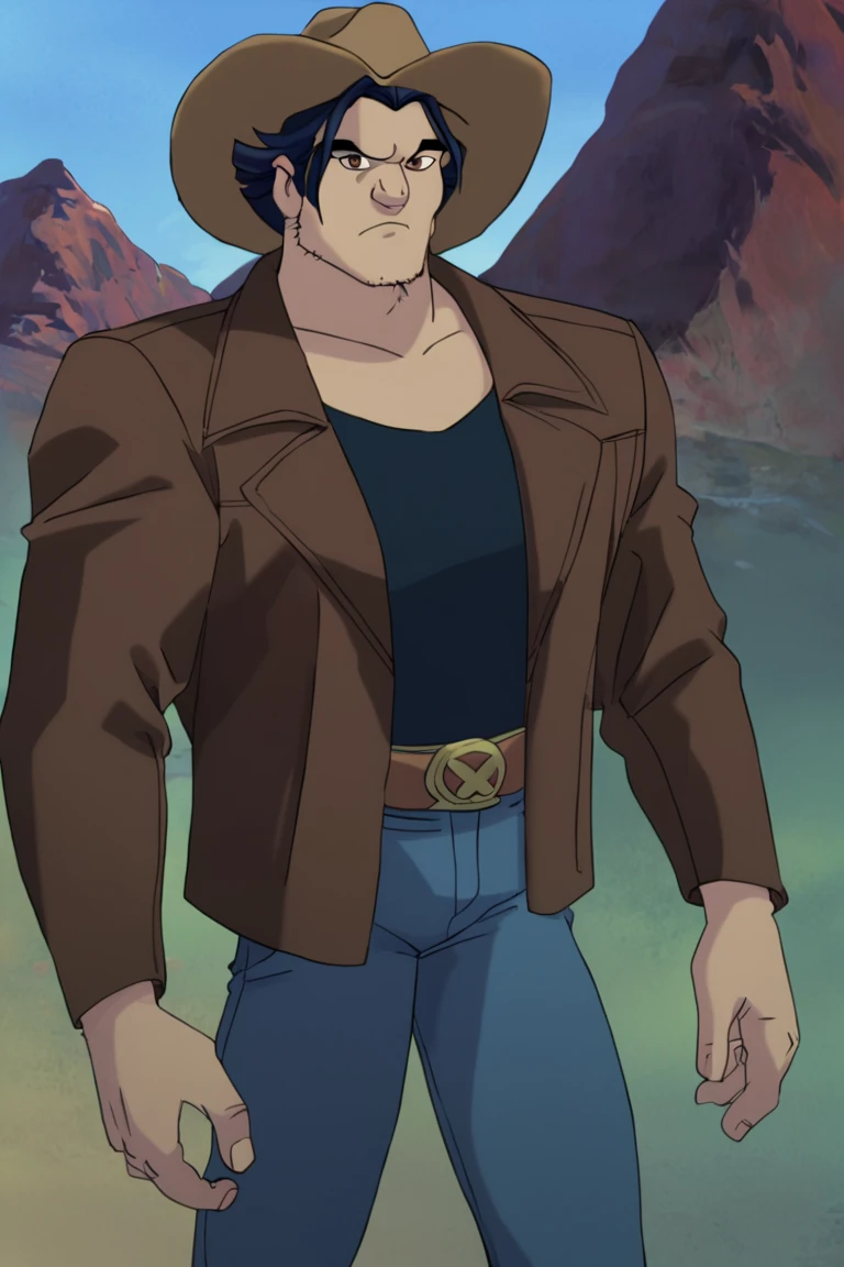 score_9, score_8_up, score_7_up, logan, 1boy, solo, male focus, mature male, short hair, dark blue hair, brown eyes, thick eyebrows, facial hair, stubble, sideburns, muscular, dark blue t-shirt, brown jacket, blue jeans, brown belt, brown headwear, cowboy hat, brown cowboy hat, looking at viewer, frown, standing, cowboy shot, outdoors, sky, blue sky, mountain <lora:Wolverine (Logan) X-Men Evolution v1.0 LoRA_Pony XL v6:0.9>