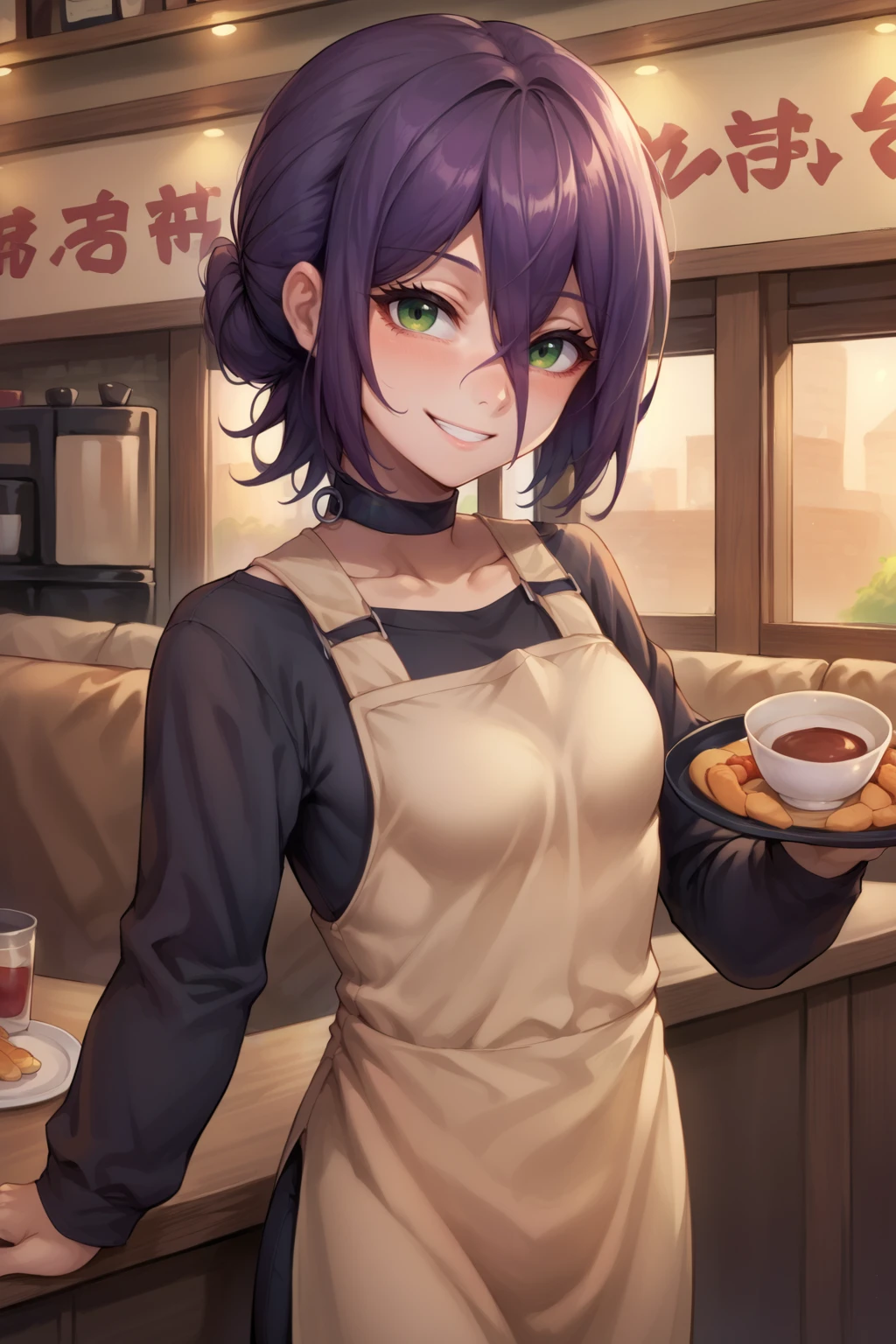 score_9, score_8_up, score_7_up, source_anime, cowboy shot, looking at viewer, smile, csmrz, small breasts, medium hair, purple hair, green eyes, hair bun, black choker, black shirt, long sleeves, brown apron, indoors, cafe, counter, <lora:Hoseki_ChainsawMan_Reze_PDXL_v1:1>