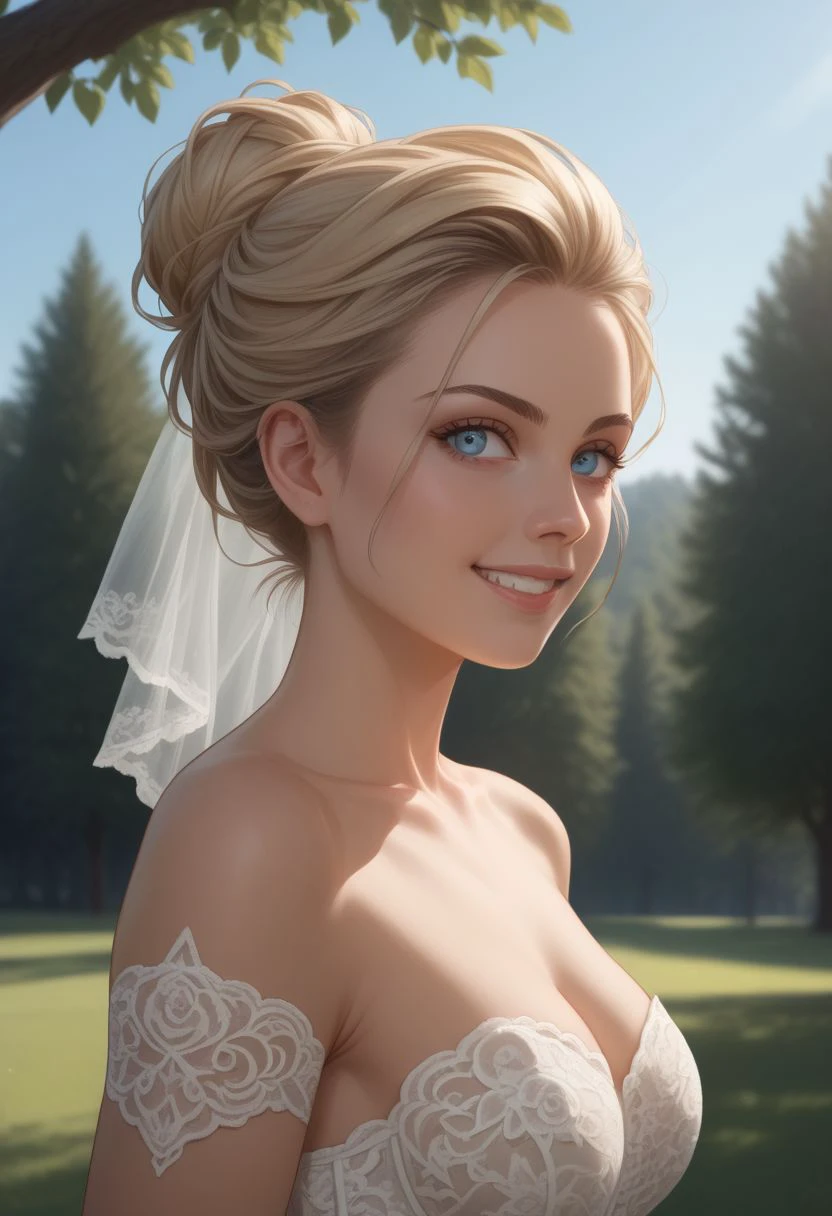 portrait of a (syblz style), 1girl,  solo,  single hair bun, sidelocks, female focus,  tree,  blonde hair, hazel blue eyes, outdoors, upper body,  lace wedding gown, lace corset, mini smile, straight on, sky, day, natural lighting, atmospheric lighting,  shallow dof BREAK zPDXL2