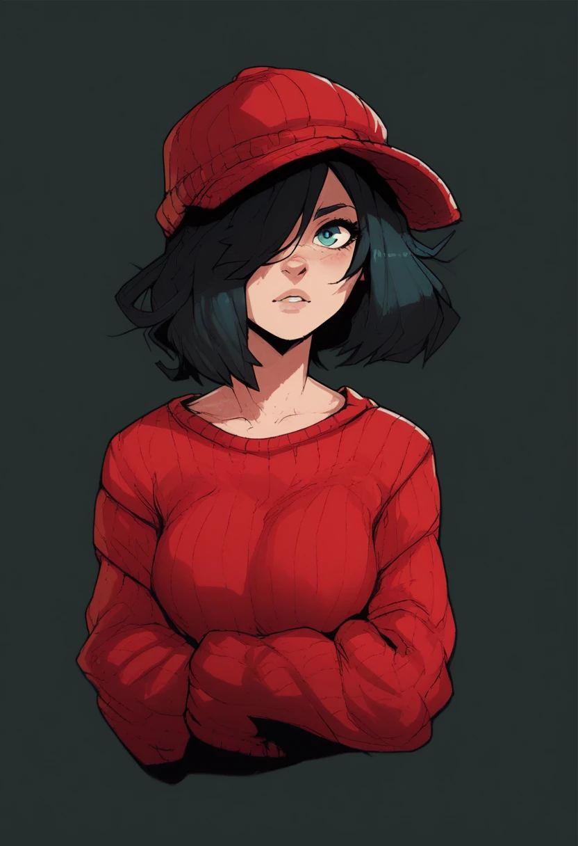 score_9, score_8_up, score_7_up,<lora:Jouste_v.0.5:1> jou5te, black outlines, dark green backgroud, 1girl, solo, red sweater, black bob hair, hair covering one eye, red knitted hat,