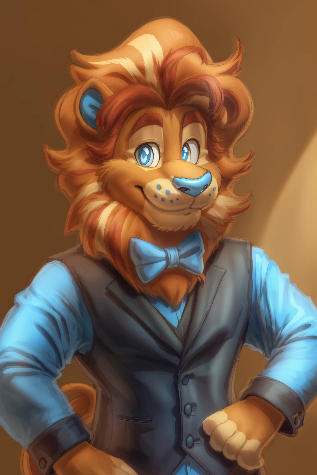 <lora:lloyd-09:1>, lloydip, blue eyes, blue nose, mane, tail, solo, (pinup), (pose), (soft shading), 4k, hi res, ((detailed face, detailed eyes)), toony, cartoon style, cartoon, smile, vest, shirt, bow tie,
