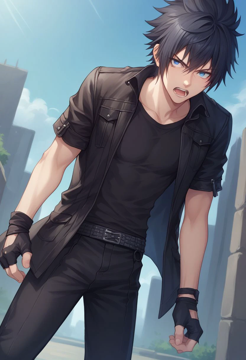 score_9, score_8_up, source_anime, highly detailed, 1boy, slender, skinny, 
1boy, male focus, solo, blue eyes, black hair, spiked hair, gloves, fingerless gloves, anger vein, open mouth, black shirt, jacket, black jacket, black pants,
outdoor,