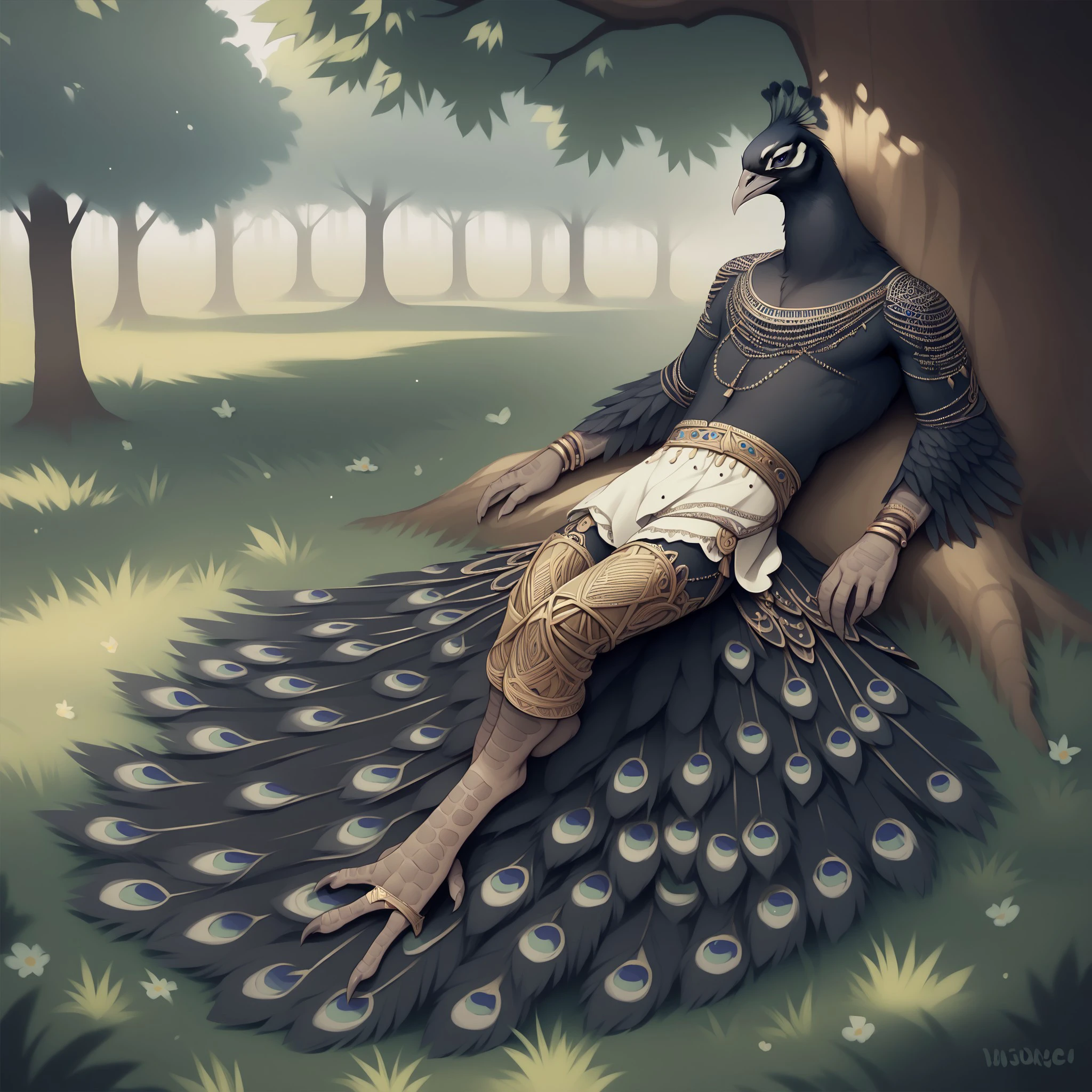 score_9, score_8_up, score_7_up, <lora:PeacockPonyXL:0.9>, solo, anthro, peacock, tail feathers, (grey body, black feathers, white feathers:1.2), male, detailed background, laying underneath tree, intricate clothing, fantasy, grass, talons, feet