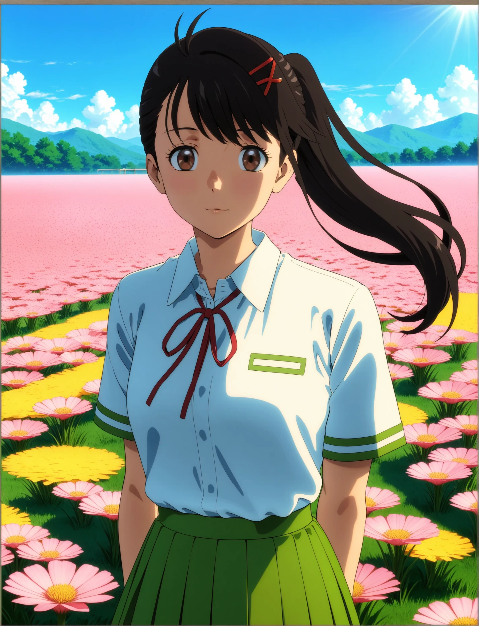 masterpiece, best quality, very aesthetic, ultra detailed, intricate details, 4k, anime style,
iwatoxl, 1girl, solo, cover, eyelashes, brown eyes, black hair, long hair, ponytail, bangs, hairclip, iwato suzume,
shirt, white shirt, short sleeves, school uniform, collared shirt, ribbon, skirt, neck ribbon, pleated skirt, red ribbon, green skirt, 
upper body, looking at viewer, arms behind back, outdoors, grass, flowers, field, flower field, sunlight, sky, blue sky, wind, <lora:Iwato_XL:1>