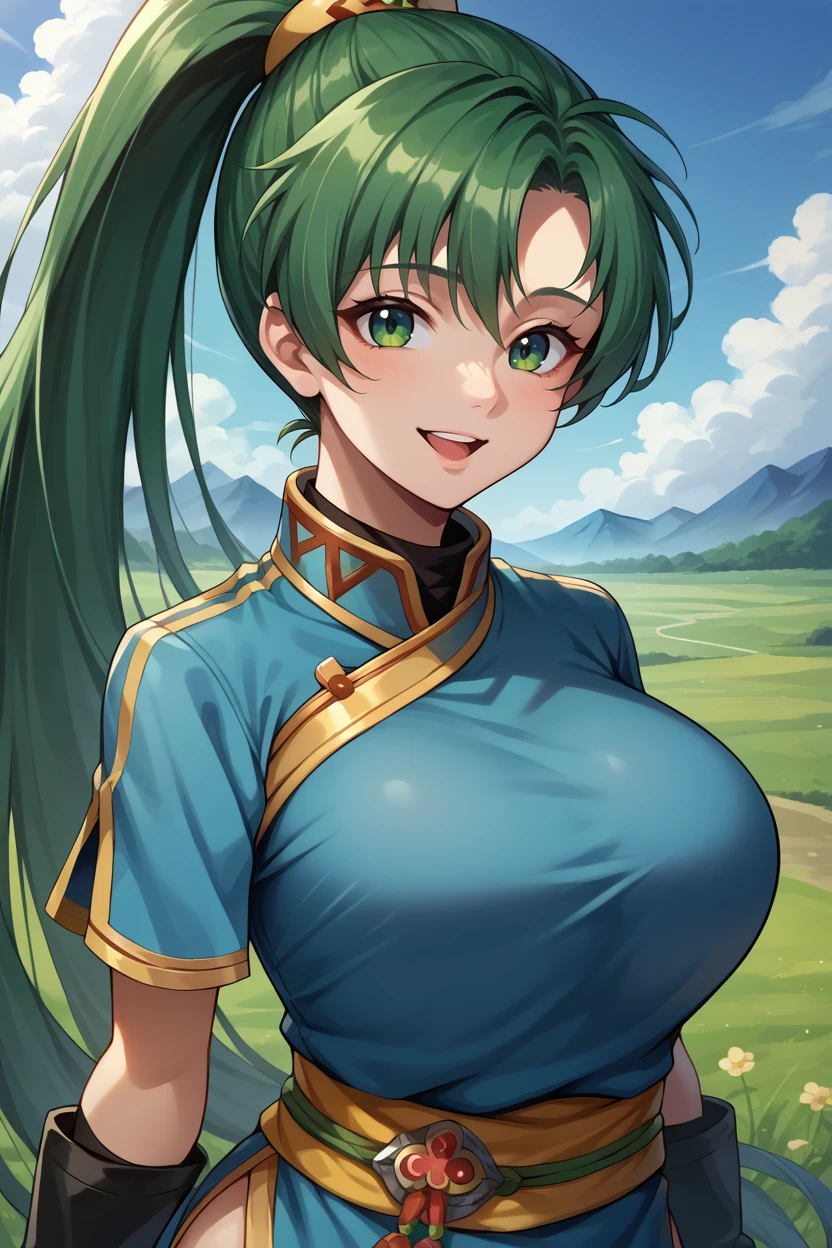 score_9, score_8_up, score_7_up, score_6_up, source_anime BREAK 1girl, solo <lora:lyn-pdxl-nvwls-v1-000005:1> defLyn, green hair, high ponytail, blue dress, short sleeves, sash, side slit, fingerless gloves, big breasts, looking at you, field, blue sky, mountains, happy, upper body