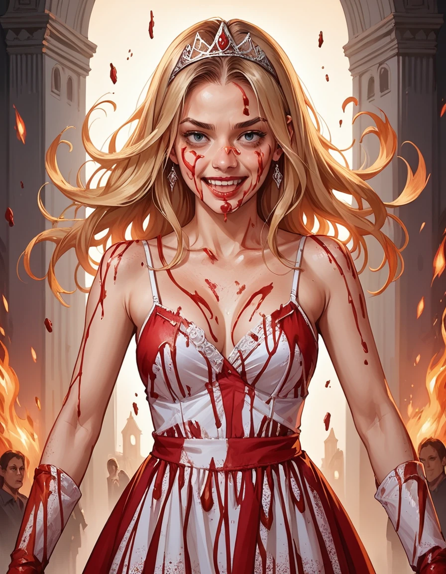 score_9, score_8_up, score_7_up, score_6_up, score_5_up, score_4_up, realistic, blood on face, 1girl, large breasts, solo, upper body, outstretched arms, long blonde hair, hud_c4rrie, dress, spaghetti strap, tiara, long dress, sleeveless, blood, blood on clothes, <lora:carrie:0.7>, flames everywhere, fire, inferno, people in background laughing