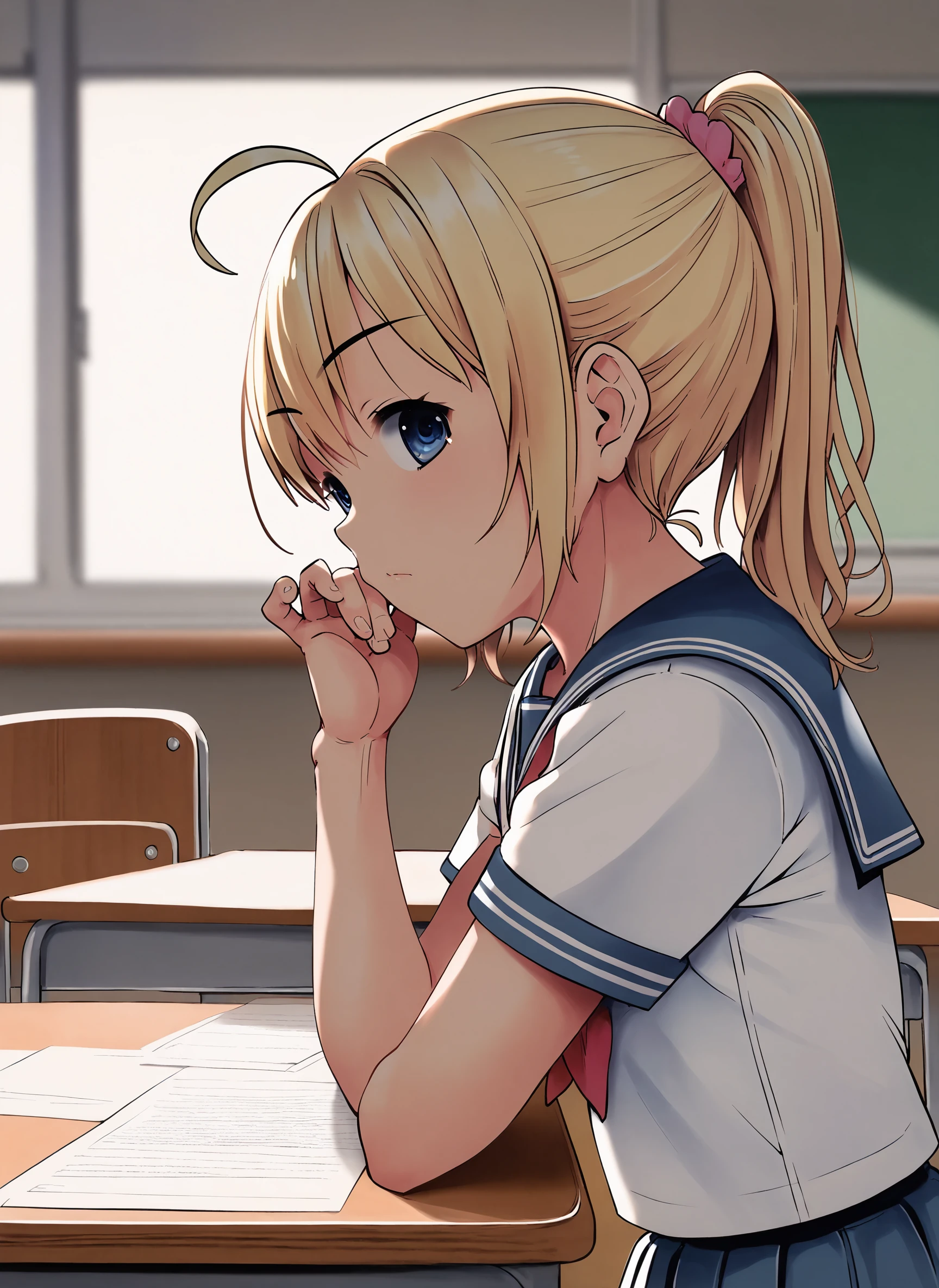 score_9,score_8_up,score_7_up, chikusan_style,
1girl, solo, long hair, looking at viewer, blue eyes, blonde hair, ponytail, ahoge, indoors, from side, desk, school uniform, serafuku,
<lora:chikusan_pdxl3:1>