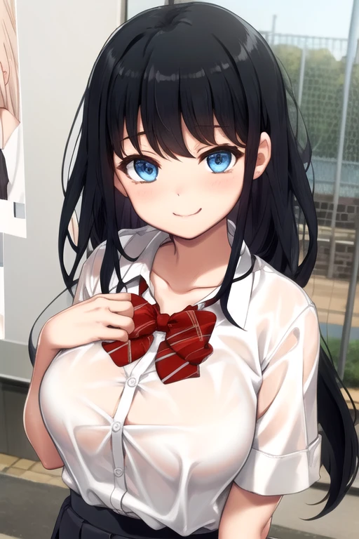 ((masterpiece)),(best quality),official art,extremely delicate and beautiful,extremely detailed CG,unity 8k wallpaper,ultra detailed,beautiful detailed eyes,extremely detailed face,outdoors,1girl,solo,upper body,(portrait:1.5),looking at viewer,facing viewer,smile,(petite:1.2),Chitose Mayu,very long hair,black hair,straight hair,sidelocks,bangs,blue eyes,collarbone,school uniform,white shirt,collared shirt,dress shirt,red bowtie,striped bowtie,huge breasts,short sleeves,sleeves rolled up,shirt tucked in,miniskirt,black skirt,pleated skirt,black pantyhose,loafers,brown footwear,<lora:Chitose Mayu(iq)>,