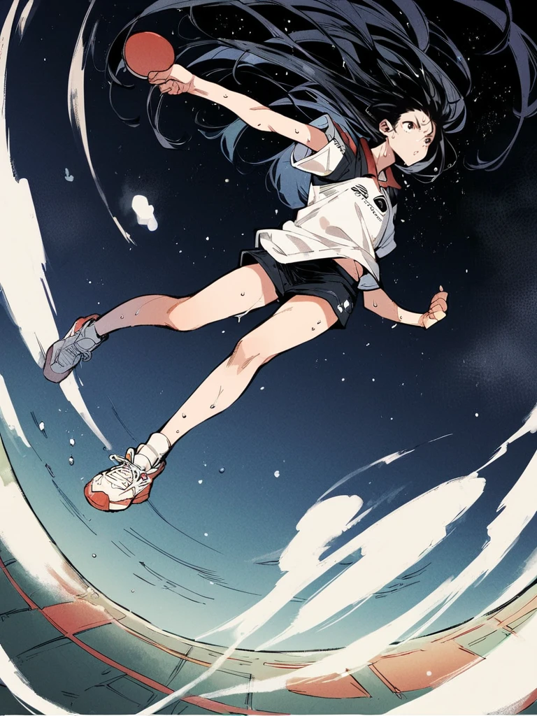 score_9,score_8_up,score_7_up,source_anime,1girl,<lora:ping-pong_pony:0.8>,ping-pong,sweat,long black hair,floating hair,full body,jumping,legs,outer space,