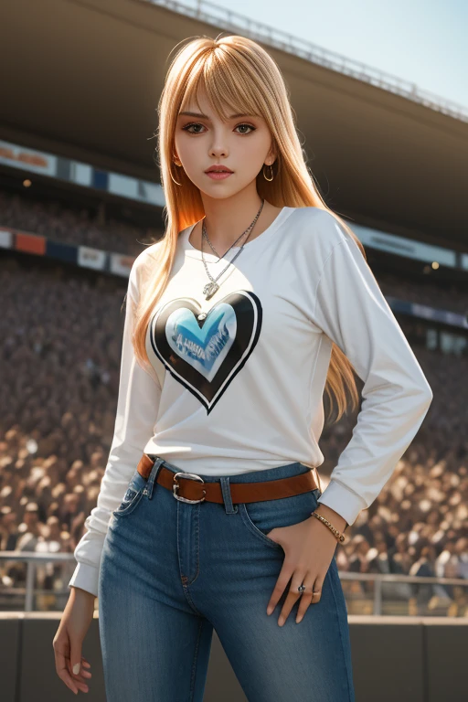 ju1i3t4y10r, sfw, blonde two-tone hair, bangs, brown eyes, long hair, looking at viewer, t-shirt, long sleeves, jewelry, heart, earrings, outdoors, sky, day, pants, necklace, ring, denim, jeans, photo \(medium\), photo background, football field, bleachers, <lora:Julie_Taylor_PMv1b_Lora:1.3>,, official fanart behance hd by jesper ejsing, by rhads, makoto shinkai and lois van baarle, ilya kuvshinov, rossdraws global illumination, ((Medium-Shot))