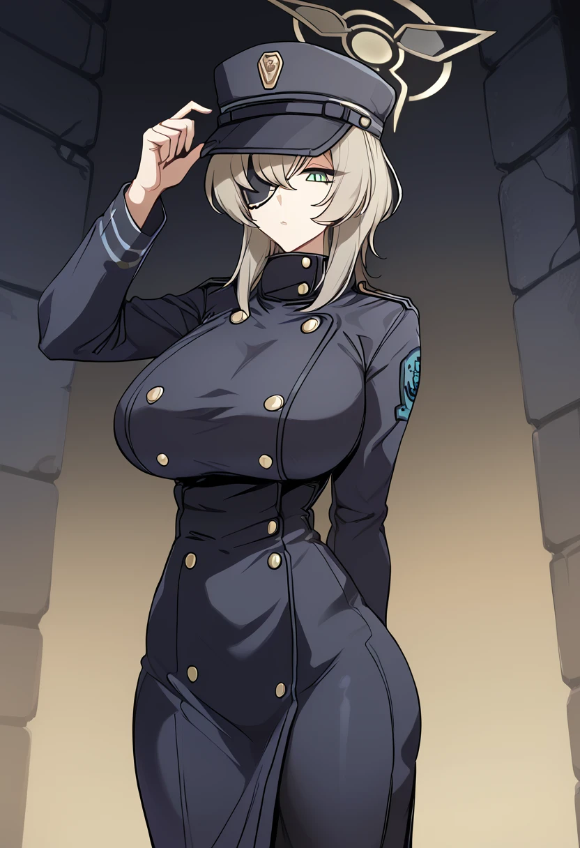 score_9, score_8_up, score_8, best quality,masterpiece,4k,very aesthetic,anime_source,1 girl,BREAK, suou_\(blue_archive\),blonde hair,emotionless,green eyes, breasts, buttons, closed mouth, eyepatch, grey hair, halo, hat, long sleeves,perfect face,perfect body,mature female,narrow waist, huge breasts,wide hips,parted lips,uniform,looking at the viewer,Animated by Actas,Dock background,BREAK,good_hands, show style, flat colors, soft shading, <lora:Smooth Anime Style LoRA XL:0.7>, <lora:Suou PonyV6:1>, <lora:pony_good_hands:1>
