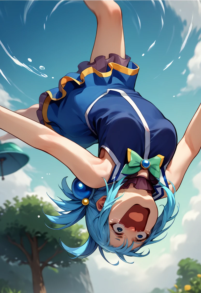 score_9, score_8_up, score_7_up, source_anime, 1girl, upside-down, backflip, <lora:Backflip_XLPD:1>, in air, outdoors, aqua \(konosuba\), <lora:concept_aquascreaming_ponyXL:1> aquascreaming, screaming, open mouth, crying with eyes open, blue hair,