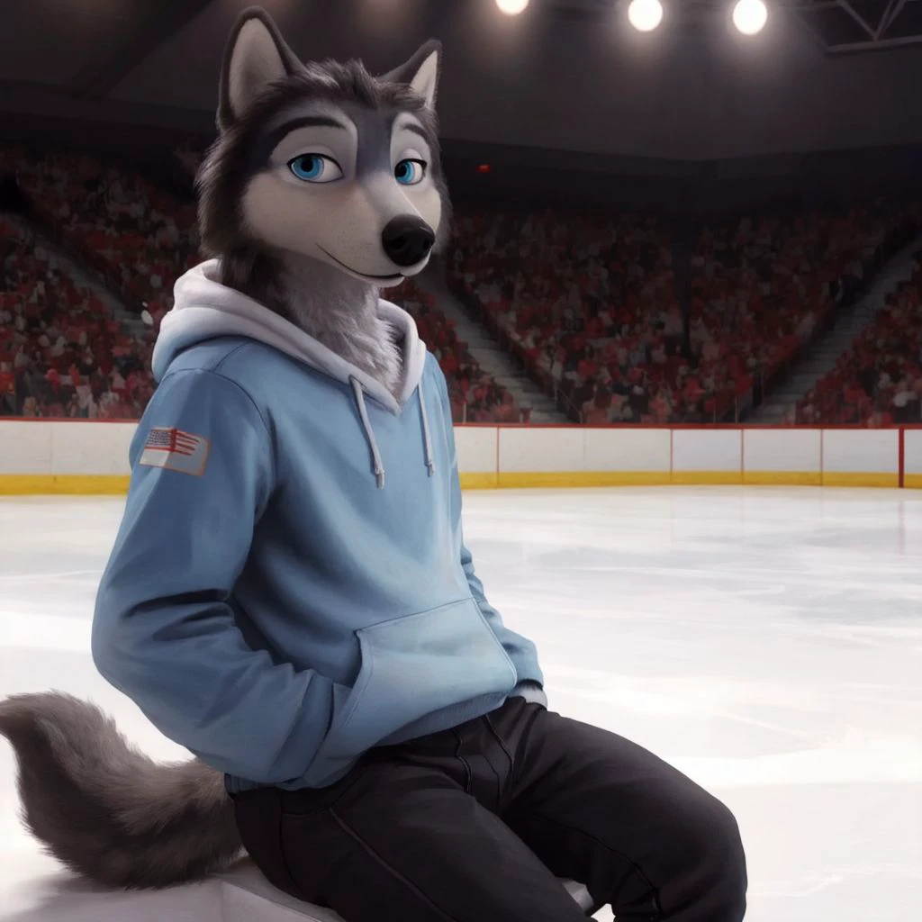 <lora:Humphrey_(Alpha_and_Omega):0.7>, Humphrey, wolf, anthro, grey fur, blue eyes, full body:1.3, skinny, blue jacket, hoodie, hands in pockets, pants, tail, inside, hockey arena, in stands:1.3, sitting, glass barrier, looking at viewer