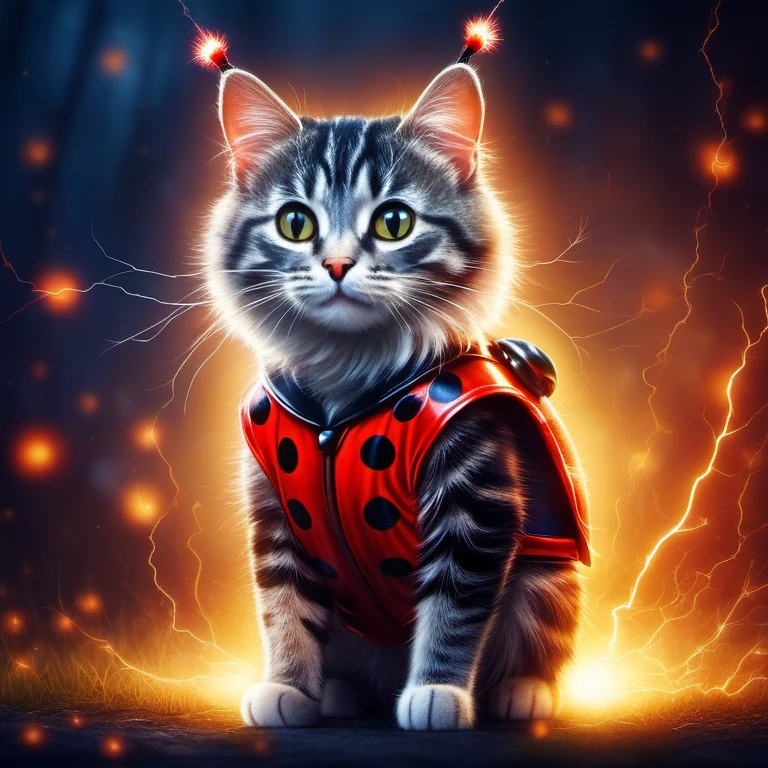 lighting_thunder,electricity,lighting,glowing, animal, cat wearing a ladybug costumec, digital storybook illustration, textured brushwork, sharp focus, low detail, blurry foreground, 8k resolution,<lora:electricity:1>