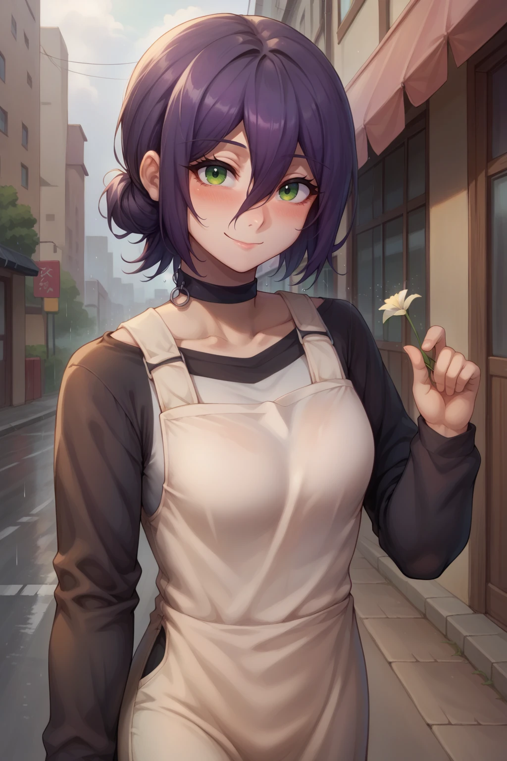 score_9, score_8_up, score_7_up, source_anime, cowboy shot, looking at viewer, smile, blush, closed mouth, csmrz, small breasts, medium hair, purple hair, green eyes, hair bun, black choker, black shirt, long sleeves, brown apron, holding flower, presenting, outdoors, rain, overcast, sidewalk, city, <lora:Hoseki_ChainsawMan_Reze_PDXL_v1:1>