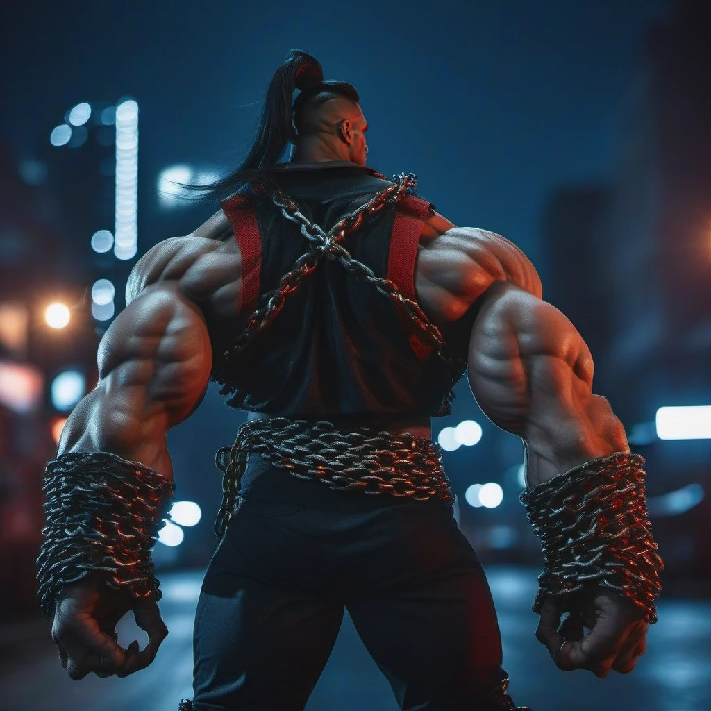 cinematic photo a muscular man, veins, chains, red eyes, pony tail, black hair, claws, night city lights background <lora:Pitt1024:0.8> . 35mm photograph, film, bokeh, professional, 4k, highly detailed