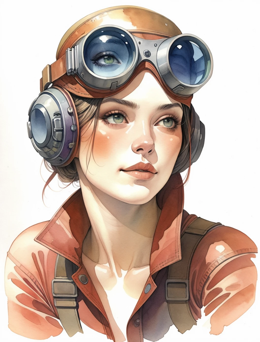 relaxed pose, woman wearing sci-fi goggles, watercolor, morry