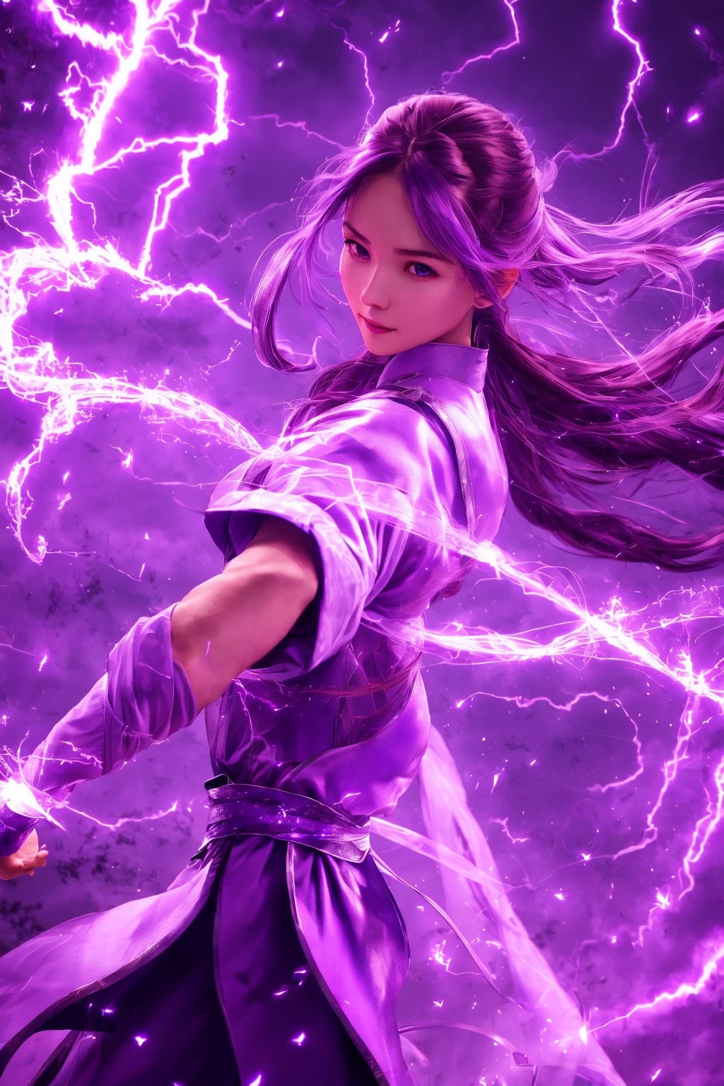 purple-lightning-aura,using purple-lightning-magic,purple-lightning-magic,ancient-costume,dancing,fighting stance,1girl,solo,long hair,brown hair,<lora:magic_fighting_purple_512_dreamshaper_8:0.8>,