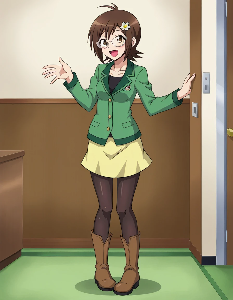 1girl,solo,RG Shiki,jacket,glasses,skirt,standing,pantyhose,boots,happy,:d,indoors,in apartment,hair ornament, <lora:RGShikiPony:0.8>