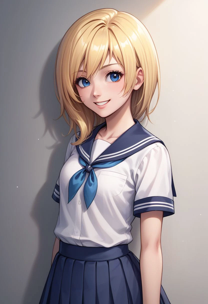 score_9, score_8_up, source_anime, highly detailed, 1girl, 
namine, 1girl, solo, blonde hair, blue eyes, smile, upper body, school uniform, skirt, standing,