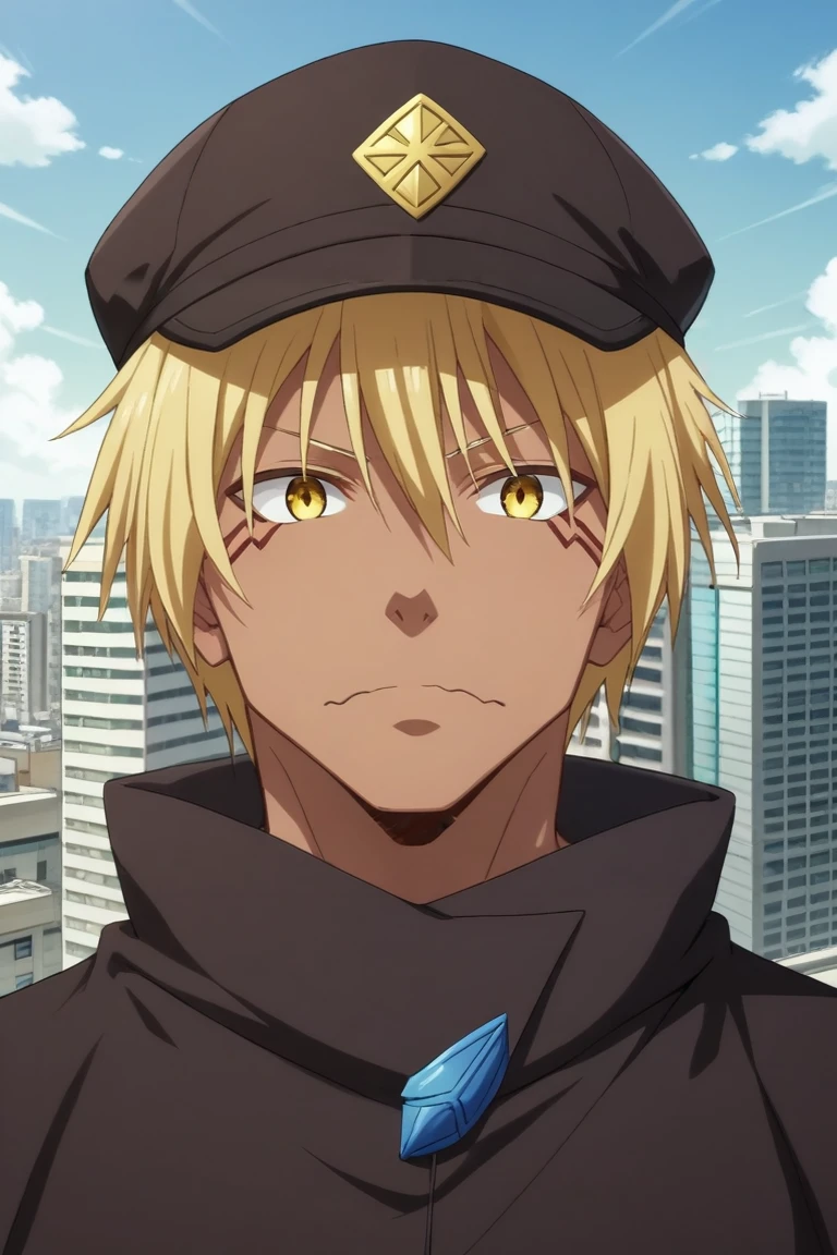 score_9, score_8_up, score_7_up, source_anime, rating_safe, intricate details, semi-realistic, , , 1boy, solo, male focus, <lora:veldora_tempest_pony:0.84>, veldora_tempest, blonde hair, yellow eyes, hair between eyes, bangs, facial mark, dark skin, dark-skinned male, straight-on, rooftop, tokyo \(city\), building, skyscraper, indoors, floating, wavy mouth, closed mouth, , flat cap, <lora:sdxl_lightning_8step_lora:1>