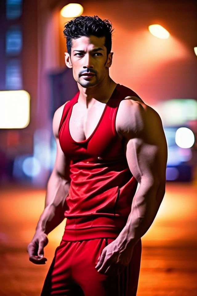 Ace Young a man <lora:muzi-Ace-Young:1>, realistic photo in a worn ((red tracksuit)), ((light bokeh)), intricate, (steel metal [rust]), elegant, sharp focus, photo by greg rutkowski, soft lighting, vibrant colors, (masterpiece), ((streets)), (detailed face), looking at viewer, light smile, night, walking towards viewer, cinematic lighting, beautiful lighting, cinematic lighting, (hazy filter, film grain:1.2)