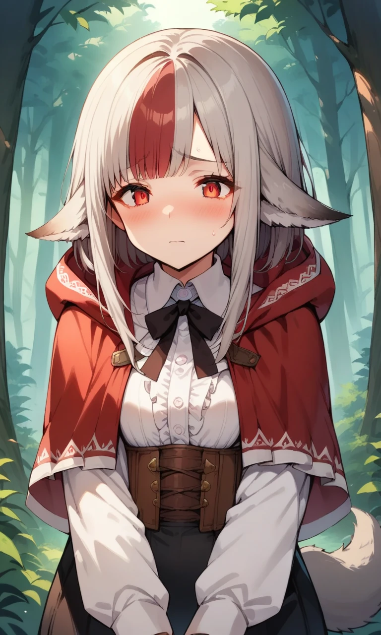 score_9,score_8_up,score_7_up, source_anime, 1girl, solo, velouria, animal ears, wolf tail, forest, shy, red eyes, 