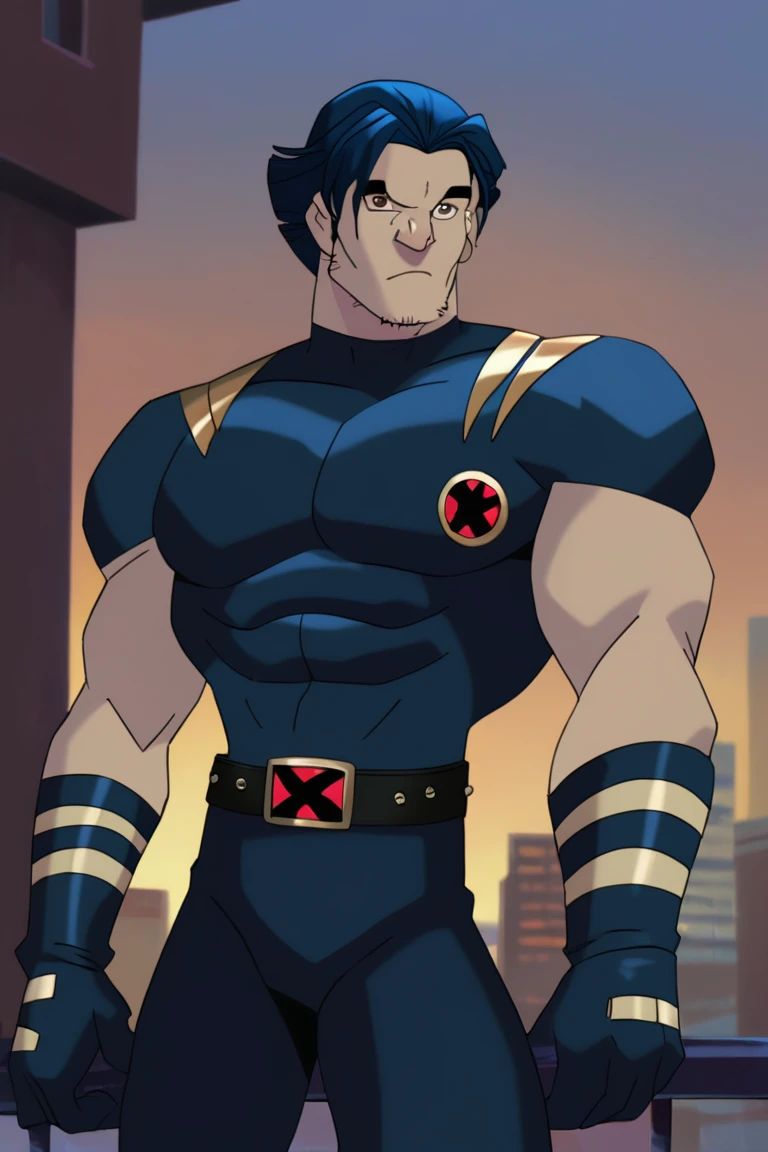 score_9, score_8_up, score_7_up, logan, xevosuit, 1boy, solo, male focus, mature male, short hair, dark blue hair, brown eyes, thick eyebrows, facial hair, stubble, sideburns, bodysuit, dark blue bodysuit, short sleeves, dark blue gloves, black belt, muscular, looking at viewer, standing, cowboy shot, outdoors, city, building <lora:Wolverine (Logan) X-Men Evolution v1.0 LoRA_Pony XL v6:0.9>