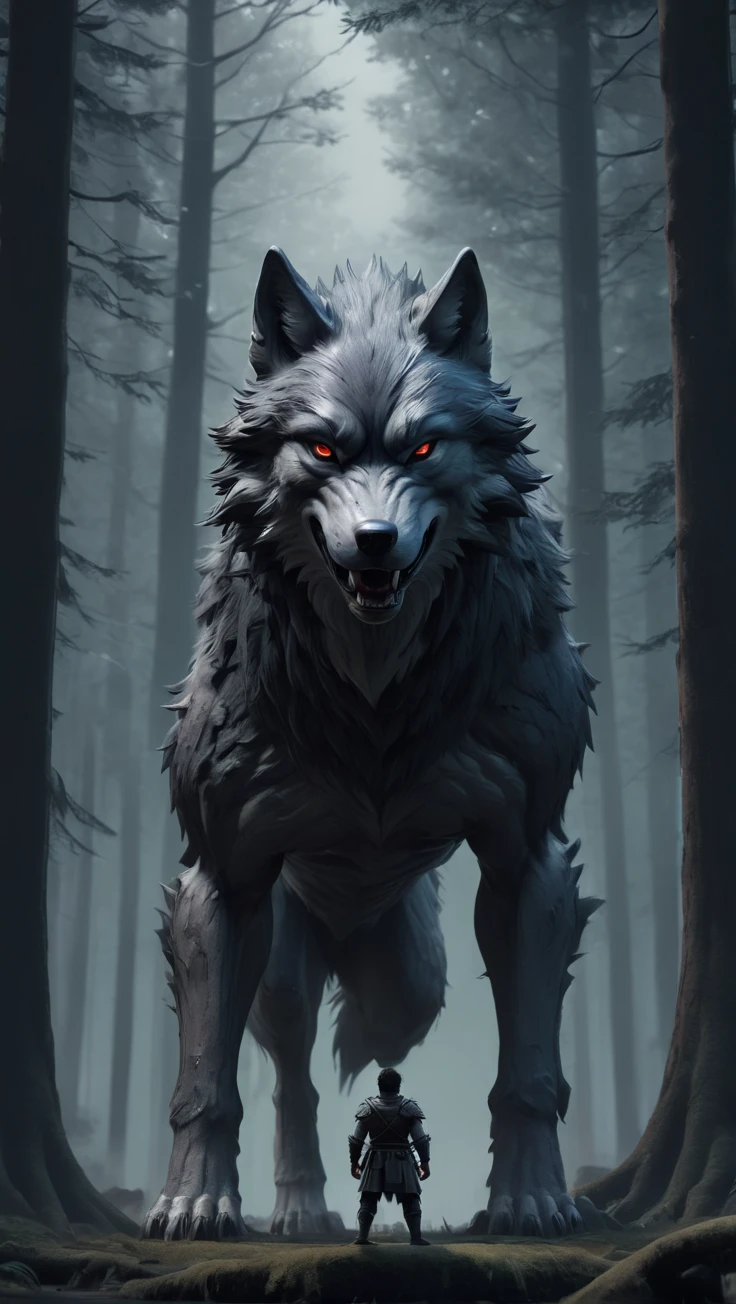 Giant Wolf General,Tiny Human Warrior,Male Focus,Full Body,Standing,Dark,Creepy Story:1.15,Dark Forest Background,Huge Trees,Edge Lighting,Anatoto Fendak Style,by Alena Aenami,Fantasy Works,Critical Visuals,Vibrant,Highly Detailed.,<lora:é²åä¸æ´¾@å½å½æ¼ä¹XL:1>,XCYP,