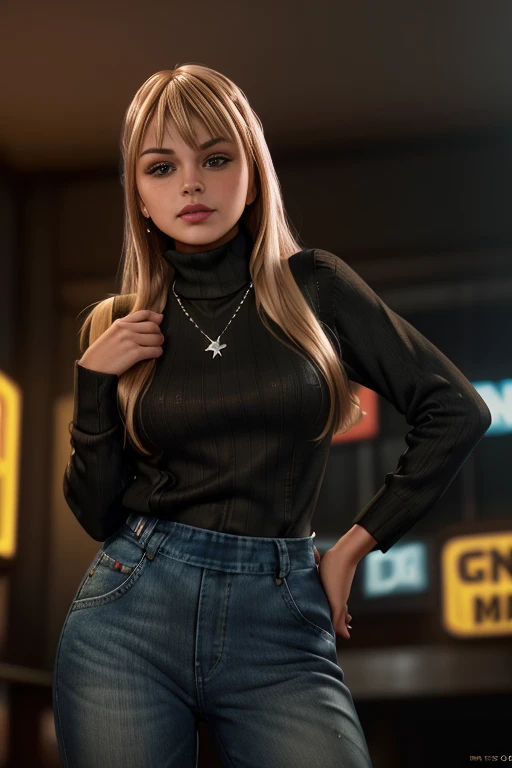 ju1i3t4y10r, sfw, blonde two-tone hair, bangs, brown eyes, long hair, (freckles:1.2), (turtleneck sweater:1.1), necklace, bracelet, realistic, denim, overalls, indoors, fast food restaurant, <lora:Julie_Taylor_PMv1b_Lora:1.3>,, glow effects, godrays, Hand drawn, render, 8k, octane render, cinema 4d, blender, dark, atmospheric 4k ultra detailed, cinematic, Sharp focus, big depth of field, Masterpiece, colors, 3d octane render, 4k, Concept art ð, trending on artstation, hyperrealistic, Vivid colors, extremely detailed CG unity 8k wallpaper, trending on CGSociety, Intricate, High Detail, dramatic, ((Glamour Shot))