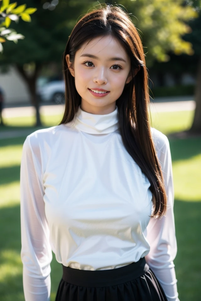 solo,1girl,smile,long hair,looking at viewer,realistic,shirt,skirt,long sleeves,black skirt,white shirt,
best quality,masterpiece,illustration,CG,unity,8k wallpaper,Amazing,finely detail,masterpiece,official art,incredibly absurdres,huge filesize,ultra-detailed,highres,extremely detailed,realistic,outdoors,turtleneck,light contrast,,<lora:Mizuki Saiba_20240523172016:0.8>