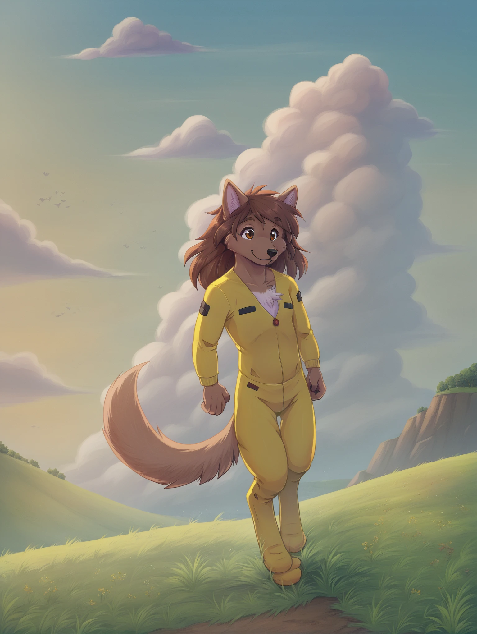 score_6_up, standing, happy, field, grass, outside, sky, clouds, <lora:FlorenceAmbrose_PonyXL_prototype:1> florenceambrose, solo, jumpsuit, (hands at sides), semi-anthro,
