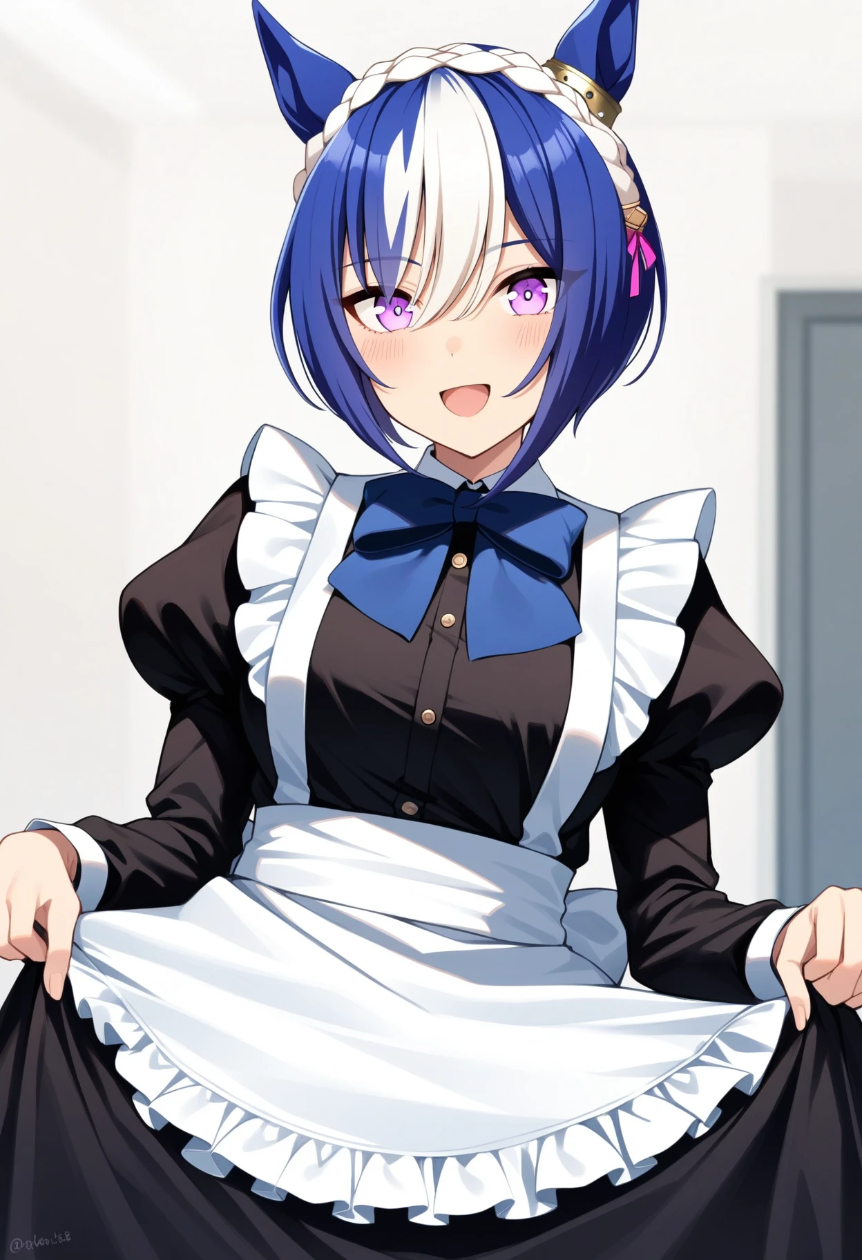 cesario \(umamusume\), breasts, looking at viewer, solo, blue bowtie, skirt hold, crown braid, ear ornament, juliet sleeves, maid apron, smile, blush, maid headdress, frills, enmaided, open mouth, puffy sleeves, indoors, white apron, black dress, long sleeves, alternate costume, purple bowtie, masterpiece, best quality, very aesthetic, absurdres
<lora:UmaDiffusionXL_UAF-000010:0.7>