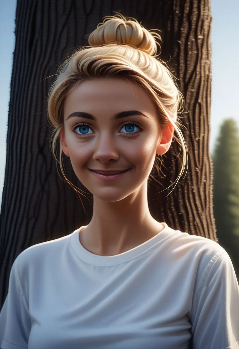 portrait of a (syblz style), 1girl,  solo,  single hair bun, sidelocks, female focus,  tree,  blonde hair, hazel blue eyes, outdoors, upper body,  white shirt, short sleeves, mini smile, straight on, sky, day, natural lighting, atmospheric lighting,  shallow dof BREAK zPDXL2