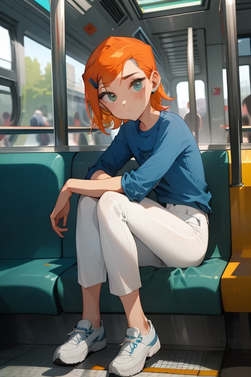 <lora:osgwen-01:1> 1girl, gwen, hair ornament, blue shirt, white pants, sitting inside a metro, full body