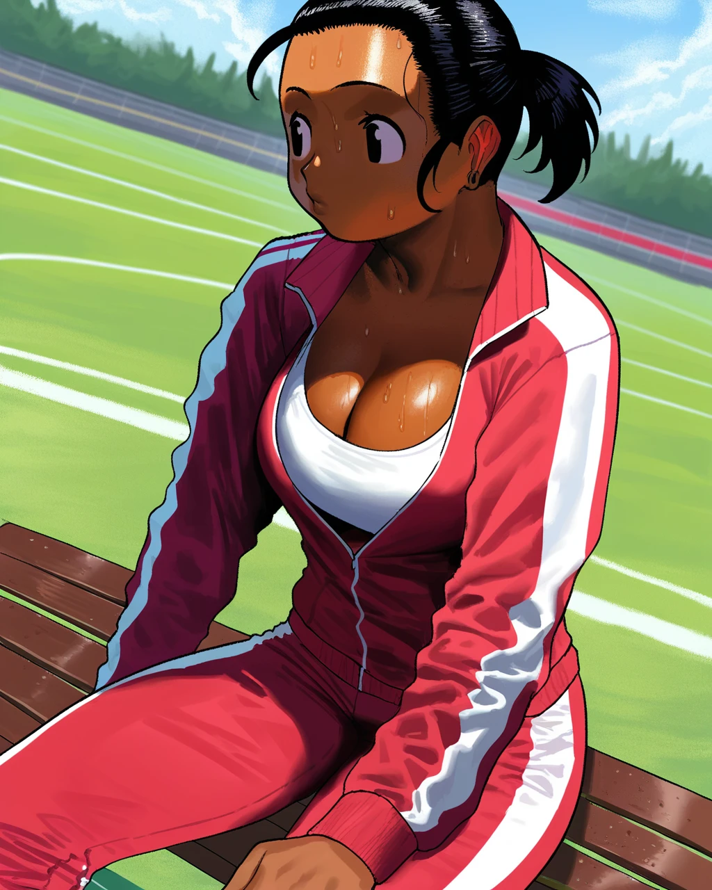 score_9, score_8_up, score_7_up, 1girl, dark-skinned female, black hair, tracksuit, sweating, panting, sitting on bench, cleavage, looking to side, arung samudra, outdoors, track and field, dynamic pose, dynamic angle, by cessa, <lora:Cessa_PDXL:1>,