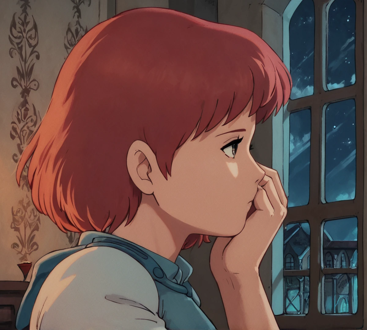 Nausicaa, red hair, zPDXL, best quality, amazing quality, score 9, 1girl, indoors, bedroom, night, window, looking out window, hand on face, bored, <lora:Nausicaa_r2:0.8>