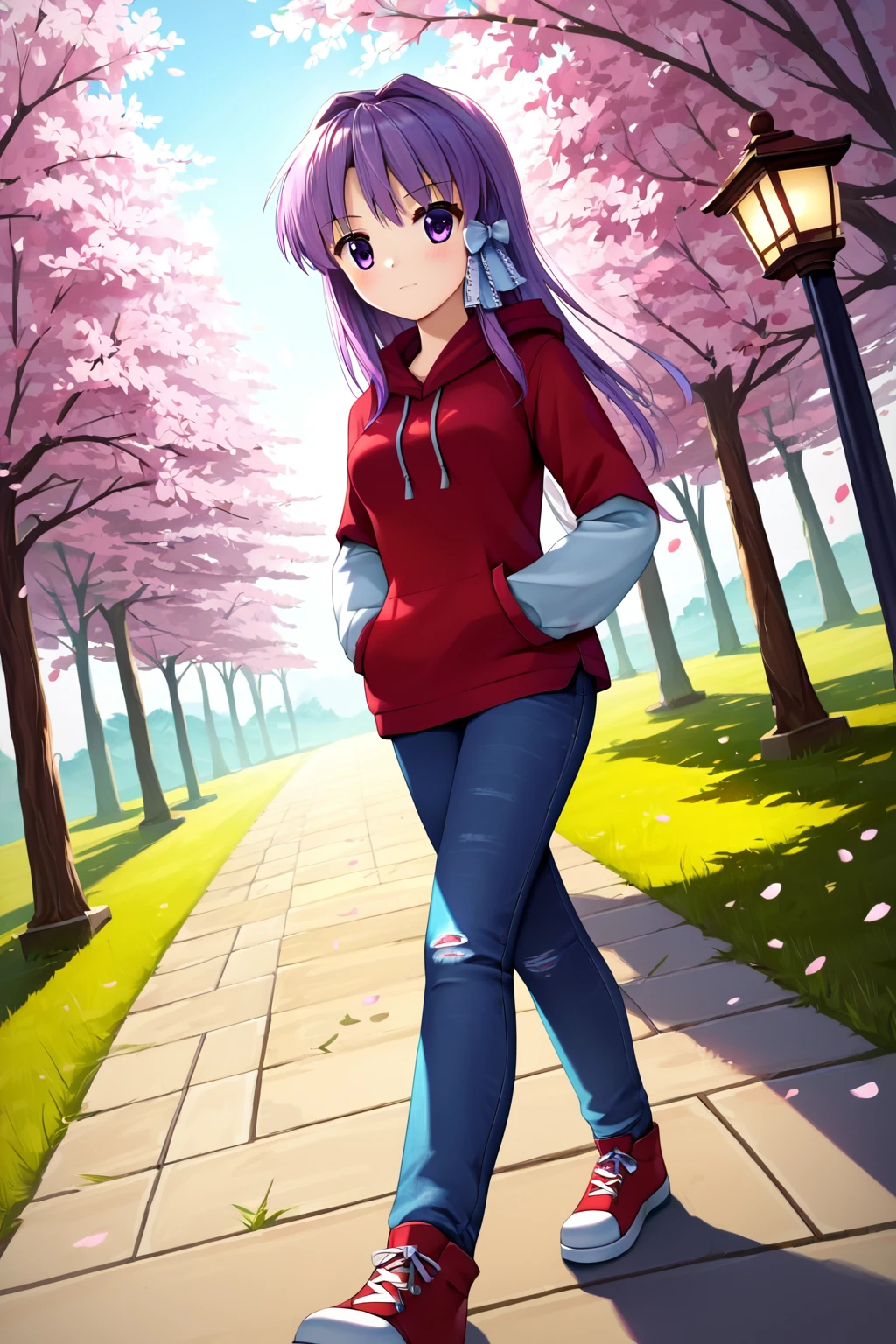 zPDXL2, rating_safe, source_anime, 4k quality, detailed background, detailed eyes, (dutch angle), cherry blossom trees, grass, streetlights, bench, walking, <lora:fujibayashi-kyou-xl-04:1>, fujibayashi kyou, medium breasts, red hoodie, white sleeves, jeans, hands in pockets,