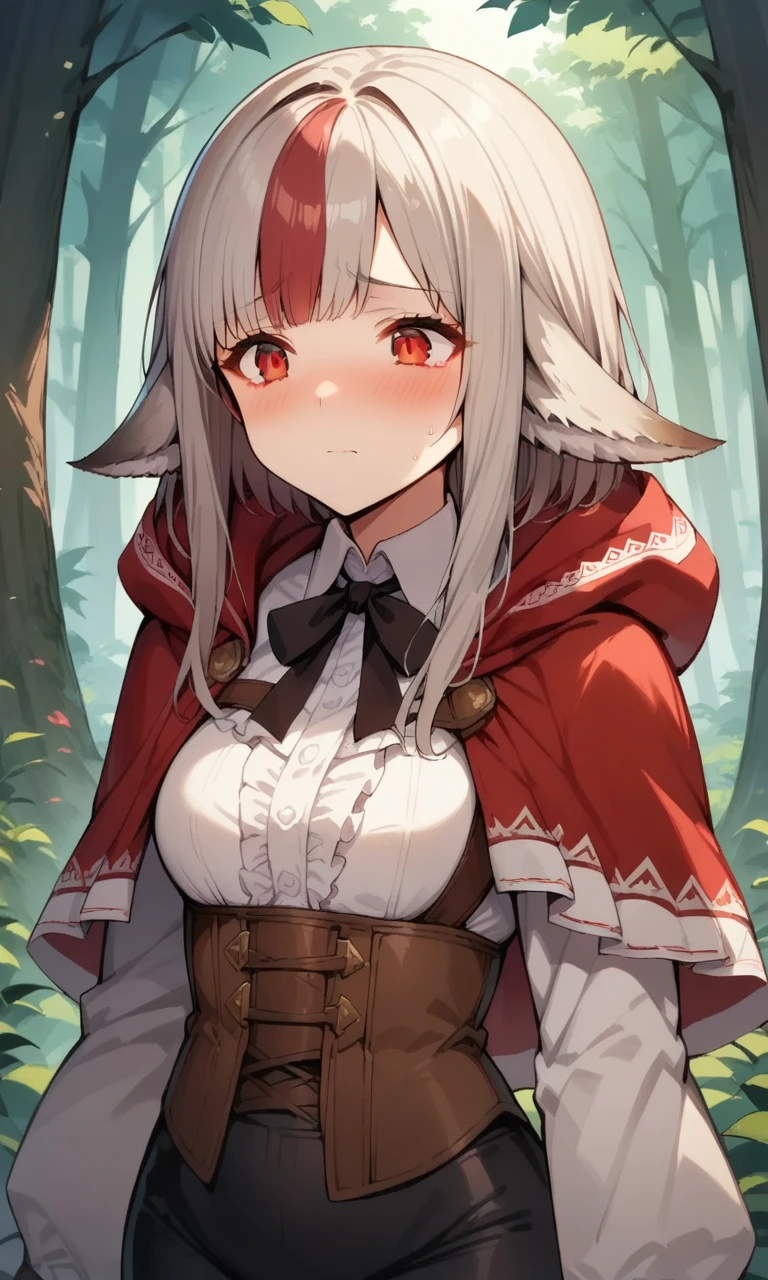 score_9,score_8_up,score_7_up, source_anime, 1girl, solo, velouria, animal ears, wolf tail, forest, shy, red eyes,