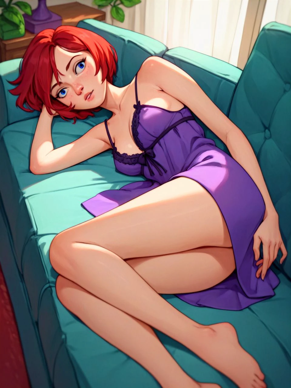 score_9, score_8_up, score_7_up, score_6_up, score_5_up, score_4_up, <lora:alicetTV_PDXL:1.0> alicettv, short hair, blue eyes, red hair, purple silk nightie, lying, on side, on couch, apartment,