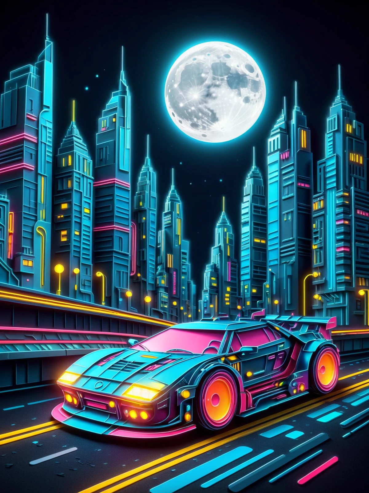 cityscape, car racing through city moon, night sky, glowing outline, mad-cybrpprct2, neon lights, papercut <lora:Neon_Cyberpunk_Papercut_2_SDXL:0.8>, (masterpiece:1.2), best quality, (hyperdetailed, highest detailed:1.2), high resolution textures