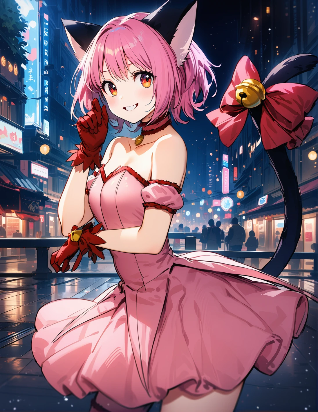 1girl, solo, <lora:sdxl-lyco-mew_ichigo-original-animagine_xl_3_1-v2:1>, mew_ichigo, tail bow, gloves, cat tail, red gloves, tail bell, choker, detached sleeves,pink dress, strapless, relaxed posture, elbows extended, standing , ,smile, best quality, ultra-detailed,masterpiece , intricate details, 4k,, BREAK in a city at night