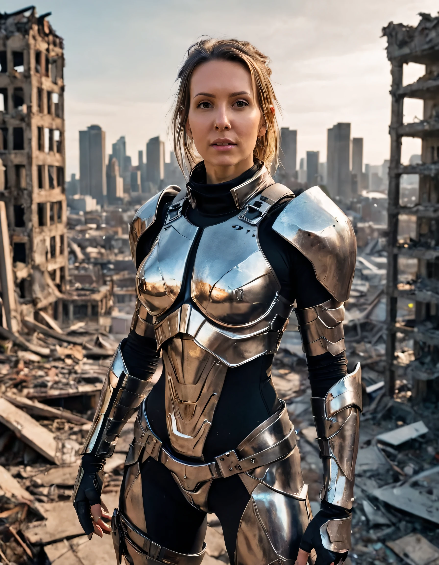 In an unpredictable sci-fi world where women are powerful yet mysterious protagonists, Sydnee, a confident female warrior donning a futuristic armor ensemble meticulously designed with intertwining metallic and vibrant hues, stands tall amidst the ruins of a post-apocalyptic cityscape. Captured from an aerial perspective, her fierce expression reveals both determination and vulnerability in perfect harmony, symbolizing the resilience of humanity's last hope within this seemingly hopeless realm, while highlighting that even in the darkest moments, there remains a woman who embodies both strength and emotion as she defends the future of all. <lora:qqgpmw18f9cc93026kad3:1>