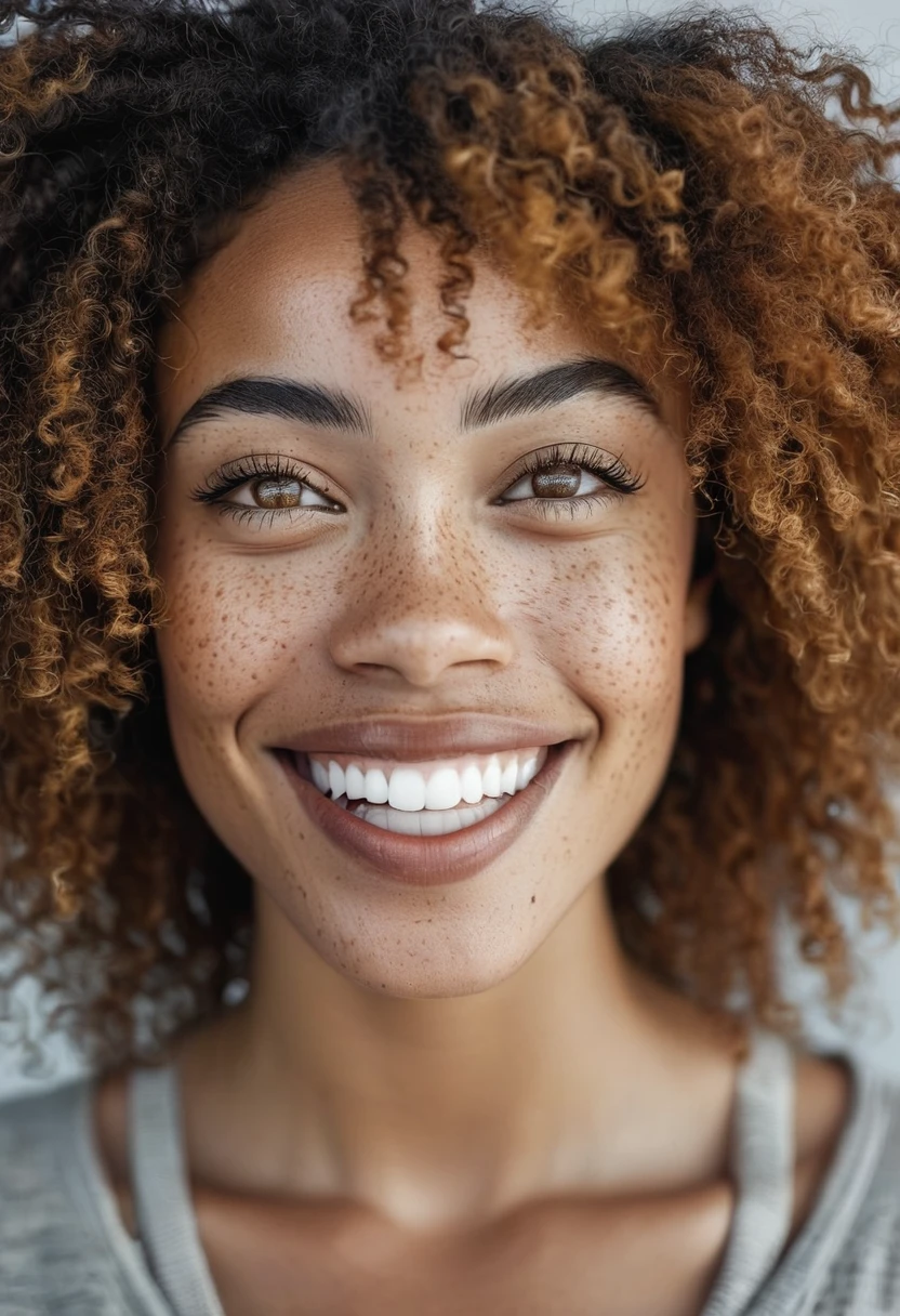 photography, cinematic, an afro american woman with freckled hair smiling in front of grey wall, she has freckled curls on her head
 highly detailed, very realistic   <lora:potrait-woman-chery-step00001200:0.7>